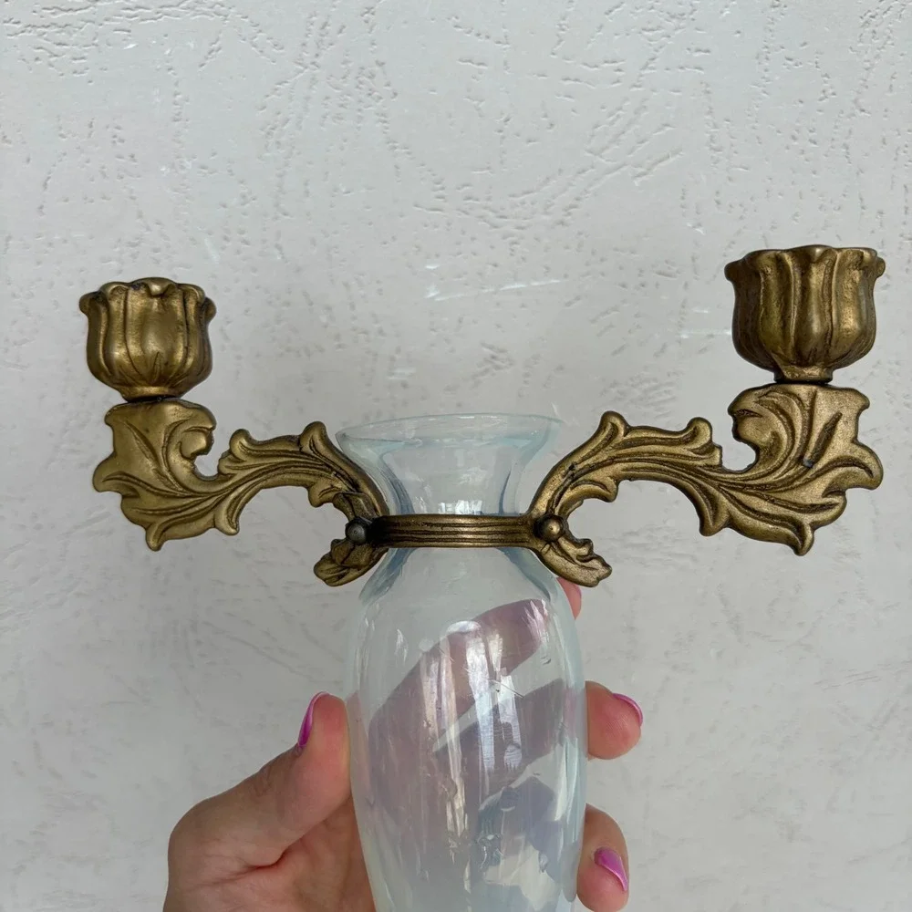 Vintage Frosted Glass Bud Vase with Ornate Brass 2-Arm Taper Candle Holder